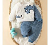 Ensemble en peluche de dinosaure mignon pour tout-petits, ensemble deux-pièces épais en polaire de corail pour l'hiver 6-9M,0-1M,1-3M,3-6MCartoon,Blocs de couleurFlanelle