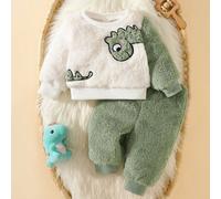 Ensemble en peluche de dinosaure mignon pour tout-petits, ensemble deux-pièces épais en polaire de corail pour l'hiver 6-9M,9-12M,0-1M,1-3M,3-6MCartoon,Blocs de couleurFlanelle
