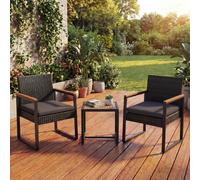 Ensemble En Polyrotin Hwc-P74, Salon De Jardin 2x Chaises Et Table, Bois D'acacia, Tissu 180 G/M² Noir, Coussins Gris Gris