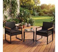 Ensemble En Polyrotin Hwc-P74, Salon De Jardin 2x Chaises Et Table, Bois D'acacia, Tissu 180 G/M² Noir, Coussins Noirs Noir