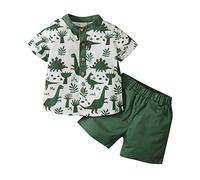 Ensemble Enfant Bébé Garçon Tenue 2 Pièces à Col Mao Imprimé Dinosaure Haut Chemise Polo à Manches Courtes + Short Costume Vêtement Gentleman Été 0-5Ans (Vert, 4-5 Ans)