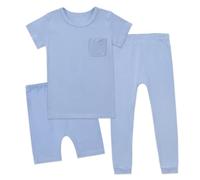 Ensemble Enfant Ete 2-14 Ans 3 Pièces Ensemble Pyjama Unisexe pour Enfants Pyjama en Coton Confortable et Doux Couleur Unie Tee Shirt+Short+Pantalon Vêtements D'intérieur (Light Blue, 7-8 Years)