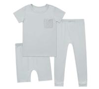 Ensemble Enfant Ete 2-14 Ans 3 Pièces Ensemble Pyjama Unisexe pour Enfants Pyjama en Coton Confortable et Doux Couleur Unie Tee Shirt+Short+Pantalon Vêtements D'intérieur (Light Green, 9-10 Years)