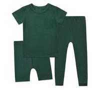 Ensemble Enfant Ete 2-14 Ans 3 Pièces Ensemble Pyjama Unisexe pour Enfants Pyjama en Coton Confortable et Doux Couleur Unie Tee Shirt+Short+Pantalon Vêtements D'intérieur (Dark Green, 7-8 Years)