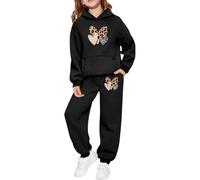 Ensemble Enfant Fille 2 pièces Sweat à Capuche et Jogging, imprimé léopard et cœur, Tenue Confortable pour Saint-Valentin, Cadeau Fille 2-8 Ans, vêtement Doux et décontracté (Black, 8-9 Years)