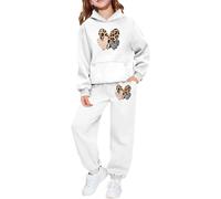 Ensemble Enfant Fille 2 pièces Sweat à Capuche et Jogging, imprimé léopard et cœur, Tenue Confortable pour Saint-Valentin, Cadeau Fille 2-8 Ans, vêtement Doux et décontracté (White, 2-3 Years)
