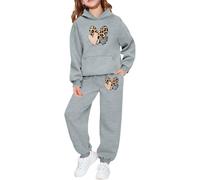 Ensemble Enfant Fille 2 pièces Sweat à Capuche et Jogging, imprimé léopard et cœur, Tenue Confortable pour Saint-Valentin, Cadeau Fille 2-8 Ans, vêtement Doux et décontracté (Grey, 10-11 Years)