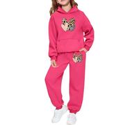 Ensemble Enfant Fille 2 pièces Sweat à Capuche et Jogging, imprimé léopard et cœur, Tenue Confortable pour Saint-Valentin, Cadeau Fille 2-8 Ans, vêtement Doux et décontracté (10-11 Years)