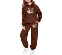 Ensemble Enfant Fille 2 pièces Sweat à Capuche et Jogging, imprimé léopard et cœur, Tenue Confortable pour Saint-Valentin, Cadeau Fille 2-8 Ans, vêtement Doux et décontracté (Brown, 12-13 Years)