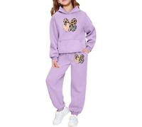 Ensemble Enfant Fille 2 pièces Sweat à Capuche et Jogging, imprimé léopard et cœur, Tenue Confortable pour Saint-Valentin, Cadeau Fille 2-8 Ans, vêtement Doux et décontracté (Purple, 4-5 Years)