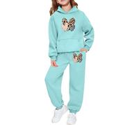 Ensemble Enfant Fille 2 pièces Sweat à Capuche et Jogging, imprimé léopard et cœur, Tenue Confortable pour Saint-Valentin, Cadeau Fille 2-8 Ans, vêtement Doux et décontracté (Mint Green, 4-5 Years)