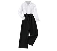 Ensemble Enfant Fille 5-12 Ans Tailleur Ado Fille Pantalon Jambe Large Et Haut Chemise Manche Longue à Volants Dentelle Chic Et élégant Habillée Soirée Fashion Casual (White, 6-7 ans)