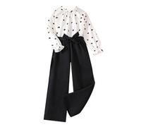 Ensemble Enfant Fille 7-12 Ans Tailleur Chemise Manche Longue + Pantalon Jambe Large Fluide Ado Chic et Elegant Pas Cher Confortable Casual Cérémonie Fête (White, 8-9 Ans)