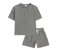 Ensemble Enfant Garcon Fille 2 Pièces Vêtements Short Tee Shirt D'été Solides à Manches Courtes avec Short Lot De 2 Survêtements Ensemble Confortable Respirant Casual (A02-Dark Gray, 8-9 Ans)