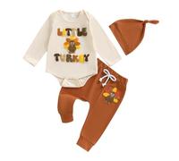 Ensemble Enfant Garcon Jour De Thanksgiving 0-18 Mois Quatre Saisons Costume Trois PièCes avec Chapeau Dinde Dessin Animé Costume Pantalon à Manches Longues La Mode DéContracté (Beige, 6-12 Mois)