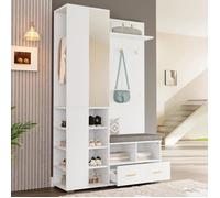 Ensemble entrée avec Miroir,Tringle à vêtements,Meuble d'Entrée avec étagère Ouverte,3 Crochets,Banquette,Chaussures avec 2 tiroirs