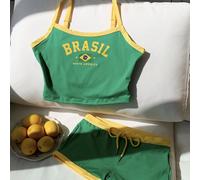 Ensemble estival de haut court et de shorts imprimé avec des lettres colorées du drapeau du Brésil, ajusté L,M,S,XL,XS,XXSPolyester,Tissu tricoté
