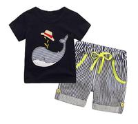 Ensemble été 2 pièces pour garçon t-Shirt Manches Courtes et Short rayé brodé d'animaux Marins, Tenue légère et Confortable pour bébé et Enfant de 12 Mois à 4 Ans (Dark Blue, 2-3 Years)