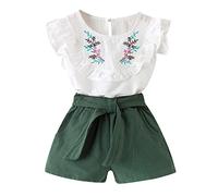 Ensemble Ete Enfant Fille 2-7 ans Tailleur Tee Shirt à Volants Et Short Fille Coton Chic et élégant Fluide Broderie de Fleurs Large Pas Cher Casual Confortable Sport Plage (Vert, 6-7 ans)