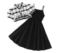 Ensemble Ete Enfant Fille 7-12 ans Tailleur Chemise à Manches Courtes Et Robe sans Manche Ado Fille Chic et Elegant Habillée Fluide Large Pas Cher Confortable Casual Vacances (Black, 11-12 ans)