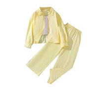 Ensemble Ete Enfant Fille Chic Pas Cher Ample Tailleur Pantalon Jambe Large et Chemise Manche Longue Ado Fille Confortable Mignon Habillée a la Mode Casual Vacances 8-13 ans (Yellow, 12-13 Years)
