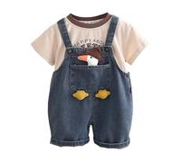 Ensemble Ete Enfant Garcon Age 1-6 ans Tee Shirt Manche Courte Et Salopette Jean Garçon Ample Pas Cher Chic Confortable Mignon Dessin Animé Fashion Casual Plage Vacances (White, 3-4)