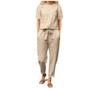 Ensemble Ete Femme en Lin, Ensemble Jogging Couleur Unie Tenue avec Haut Col en Rond Manches Courtes Pantalon à Jambe Large Cordon De Serrage Respirant Leger Fluide Décontractée Quotidienne