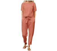 Ensemble Ete Femme en Lin, Ensemble Jogging Couleur Unie Tenue avec Haut Col en Rond Manches Courtes Pantalon à Jambe Large Cordon De Serrage Respirant Leger Fluide Décontractée Quotidienne