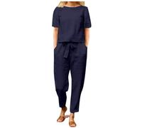 Ensemble Ete Femme en Lin, Ensemble Jogging Couleur Unie Tenue avec Haut Col en Rond Manches Courtes Pantalon à Jambe Large Cordon De Serrage Respirant Leger Fluide Décontractée Quotidienne