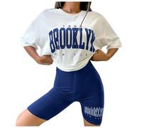 Ensemble Ete Femme Pantalon Large Fluide T Shirt Tenue T-Shirt Rayé À Manches Courtes Et Short Pantalons Courts, De Sport Yoga, Pyjama Velours Blanc Chic Élégant Cycliste Oversized Bleu S