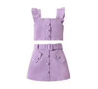 Ensemble ete Fille 1-6 Ans Chic et Elegant Camisole Fille Enfant Volants uni Top Haut Fille sans Manches Boutons + Jupe Short Fille Soiree Cute avec Ceinture Habit Tenue (Purple, 5-6 Years)
