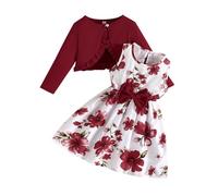Ensemble Été Fille Robe sans Manches Imprimé Floral Coloré Veste Unie Look Mignon Quotidien 2026 (Red, 5-6 Years)