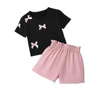 Ensemble été Fille, Top Manches Courtes nœud, Short Slim, 2 pièces, Tendance, de 3 à 11 Ans/A