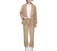 Ensemble été Fille Veste Pantalon réversible col Tailleur, Tenue décontractée Chic pour Enfants, Couleur Unie Beige, Manches Longues, Ouverture Devant, de 5 à 10 Ans (Khaki, 7-8 Years)