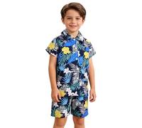 Ensemble été garçon 2 pièces Chemise Manches Courtes Short imprimé Tropical, Tenue décontractée légère pour Vacances Plage, matière Douce et Respirante (Multicolour, 11-12 Years)