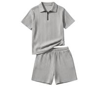 Ensemble Été Garçon 2026: Pull Col Zippé et Short Deux Pièces Décontracté Sportif Enfants (Grey, 11-12 Years)