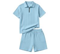 Ensemble Été Garçon 2026: Pull Col Zippé et Short Deux Pièces Décontracté Sportif Enfants (Light Blue, 5-6 Years)