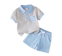 Ensemble été garçon deux pièces - haut rayé à manches courtes et short tenue quotidienne décontractée idéale pour l’école et les activités en plein air (Blue, 12-18 Months) #340