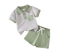 Ensemble été garçon deux pièces - haut rayé à manches courtes et short tenue quotidienne décontractée idéale pour l’école et les activités en plein air (Green, 12-18 Months) #340