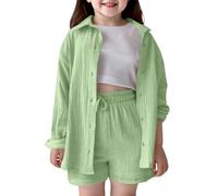 Ensemble Ete Garcon- Ensemble Chemise Et Short DéContracté Filles IdéAl L'éTé Et L'Automne Confortable Couleur Unie Coupe Ample Parfait Le Quotidien L'éCole Ou La RéCréAtion