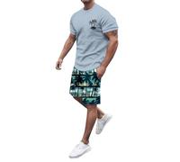 Ensemble Ete Homme Grande Taille- Ensemble Short Tee Shirt Manches Courtes Et Droit Taille Élastique Coupe Ample Imprimé Tenue Décontracté Confortable Chic Streetwear Extérieur Plage Tailleurs