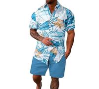 Ensemble Ete Homme Survêtement, d'été Homme Coupe Ample décontracté cranté boutonné Devant imprimé Confortable Respirant Tenue intérieure Quotidienne
