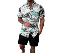 Ensemble Ete Homme Survêtement, d'été Homme Coupe Ample décontracté cranté boutonné Devant imprimé Confortable Respirant Tenue intérieure Quotidienne