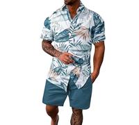 Ensemble Ete Homme Survêtement, d'été Homme Coupe Ample décontracté cranté boutonné Devant imprimé Confortable Respirant Tenue intérieure Quotidienne