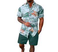 Ensemble Ete Homme Survêtement, d'été Homme Coupe Ample décontracté cranté boutonné Devant imprimé Confortable Respirant Tenue intérieure Quotidienne