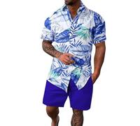 Ensemble Ete Homme Survêtement, d'été Homme Coupe Ample décontracté cranté boutonné Devant imprimé Confortable Respirant Tenue intérieure Quotidienne