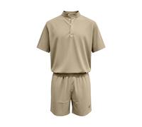 Ensemble été plage pour homme : chemise décontractée à manches courtes et pantalon assorti, tenue légère en coton respirant pour mariage ou vacances, coupe confortable et taille ajustable (Khaki, M)