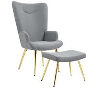 Ensemble Fauteuil À Oreilles Repose-Pieds Style Néo-Rétro Piètement Acier Doré Effet Laine Bouclée Grise Gris