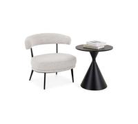 Ensemble fauteuil et table basse d'appoint ISOMA, Fauteuil Bas en Tissu Chenille Beige avec Table d'Appoint Ronde