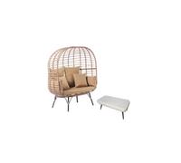 Ensemble fauteuil sur pied effet rotin et repose-pieds avec coussin beige JANE